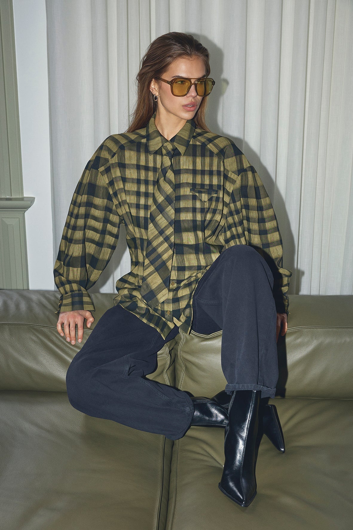 KyelCC Check Tie Pleat Shirt - Army - Co'couture
