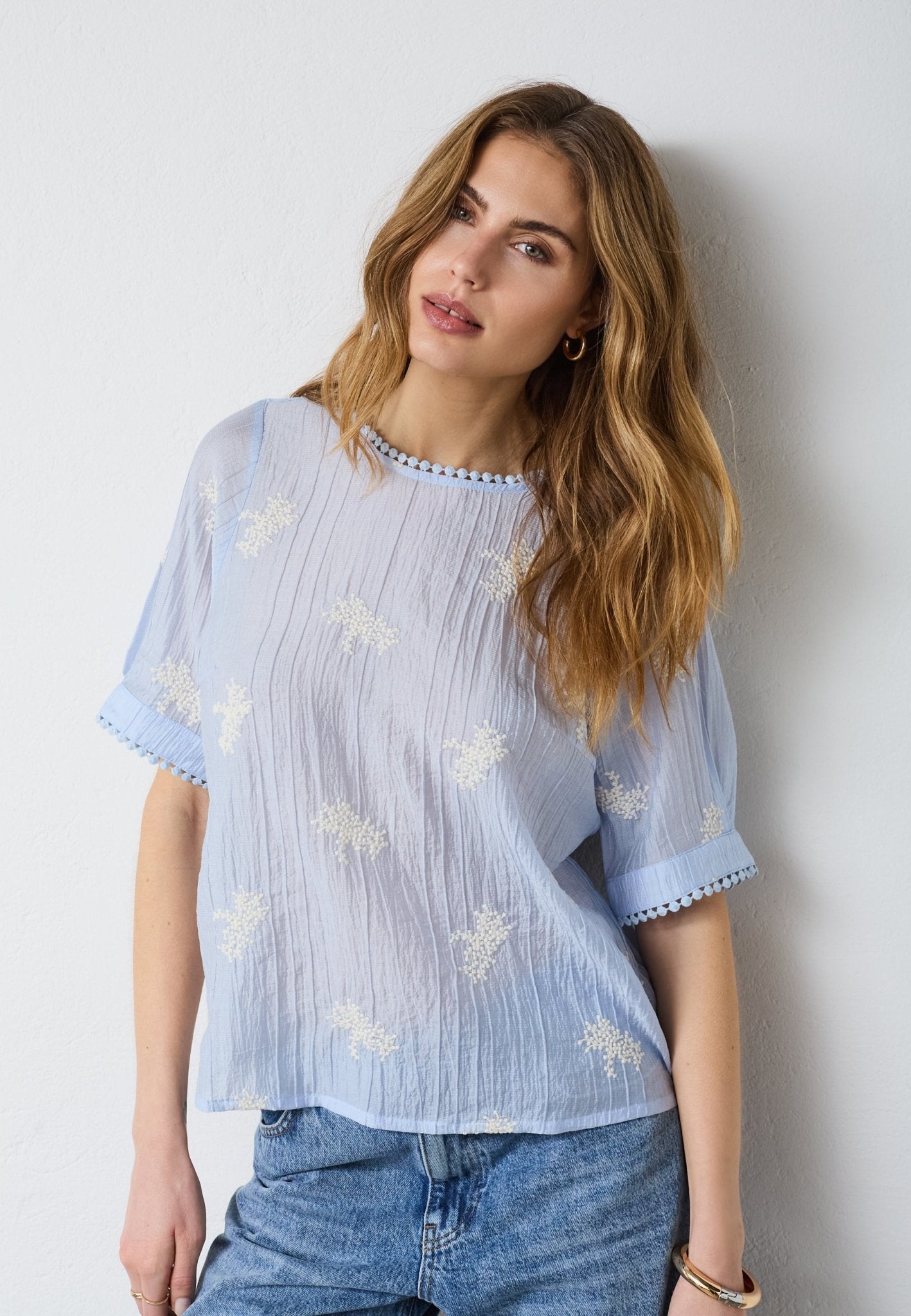 AmeliaCC Emb SS Blouse - Pale Blue - Co'couture